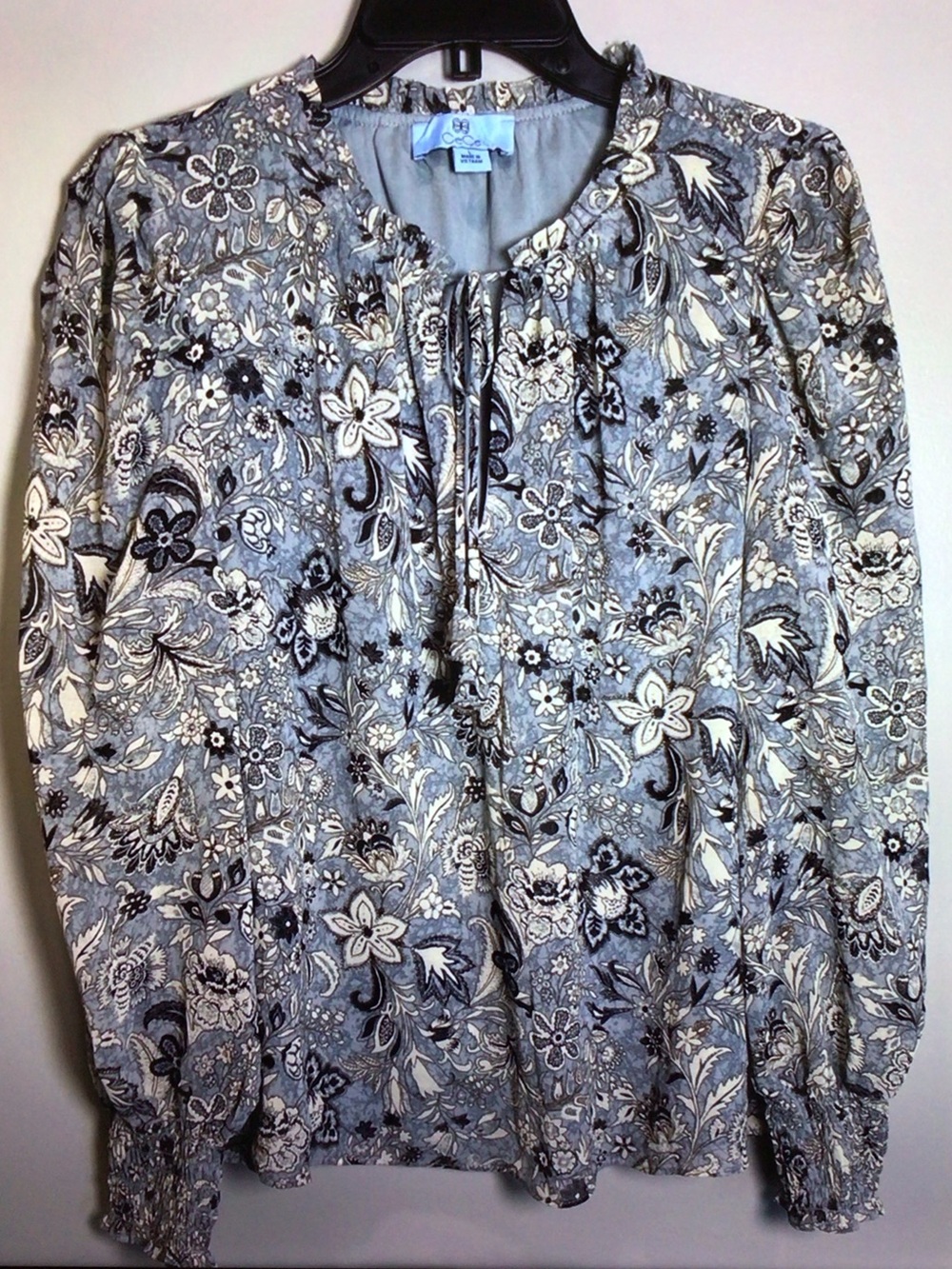 CeCe Blue Floral Tie-Neck Long Sleeve Blouse